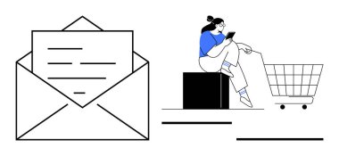 Alışveriş arabasının yakınındaki bir sokakta kitap okuyan bir kadın, büyük bir zarf ve mektup. Çevrimiçi alışveriş, iletişim, dijital pazarlama, e-ticaret, e-posta bültenleri, müşteri ilişkileri, mobil kullanım için ideal