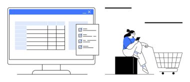 Bilgisayar monitörünün kontrol listeleriyle bir masayı göstermesi ve alışveriş arabasının yanında akıllı telefon kullanması. E-ticaret, çevrimiçi alışveriş, üretkenlik araçları, kontrol listesi uygulamaları için ideal