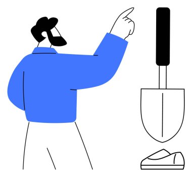 Yukarı doğru bakan bir adam, bir ayakkabıyla yere yerleştirilmiş bir küreğin yanında duruyor. İnşaat, bahçıvanlık, planlama, yön bulma, iş güvenliği, takım çalışması ve liderlik konuları için ideal. Çizgi