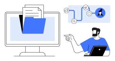 Adam açık dosya ve belgelerle monitörde dizüstü bilgisayarla çalışıyor. İletişim, alışveriş ve sosyal medya simgeleri. Takım çalışması için ideal, uzak çalışma, dijital dosya paylaşımı, bağlantı