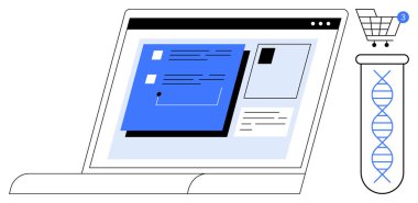 DNA sarmallı test tüpünün yanında dijital içeriği alışveriş arabası uyarısı ile gösteren bir dizüstü bilgisayar. E-ticaret, genetik, çevrimiçi hizmetler, biyoteknoloji, tıbbi araştırma için ideal