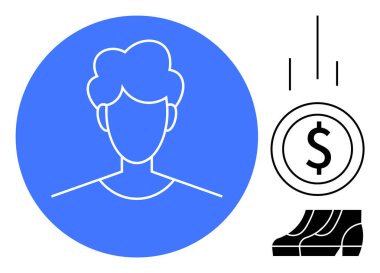 Mavi çemberdeki kullanıcı avatarı, düşen okları olan para birimi sembolü, istiflenmiş kitaplar. Kullanıcı arayüzü, mali yönetim, büyüme analitiği, eğitim kaynakları, dijital kimlik, fintech için ideal