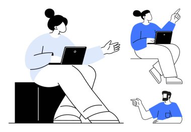 Bilgisayarlı üç kişi, güvenli bir şekilde el kol hareketi yapıyor ve iletişim kuruyorlar. Sunumlar, takım çalışması, işbirliği, iletişim, uzaktan çalışma, teknoloji ve üretkenlik temaları için ideal. Soyut