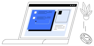 Sohbet kutuları ve görev yönetimi ile uygulamayı gösteren dizüstü bilgisayar. Yanında saksı bitkisi ve bozuk para var. Üretim, uzaktan çalışma, iletişim, organizasyon, planlama ve iş hayatı için ideal