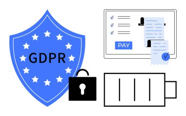 GDPR kalkanı veri korumasını, çevrimiçi ödeme ekranını, güvenlik kilidini ve detaylı belgeyi sembolize eder. Yasal politikalar, çevrimiçi işlemler, dijital işlemler için ideal