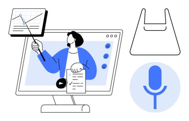 Ekranda, elinde bir işaret ve belge olan bir kişi var. Mikrofon ve klasör. Çevrimiçi öğretim, web siteleri, uzak çalışma, sunumlar, iletişim, sanal toplantılar ve dijital ortamlar için ideal