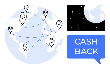 Küresel bağlantıları ve seyahatleri gösteren lobutları ve kesik yolları olan mavi ve beyaz bir dünya. CASH geri mesaj ile konuşma balonu. Yıldızlı gece gökyüzü. Küresel finans ve ödüller için ideal