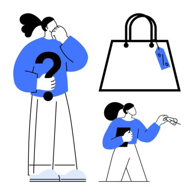 Birinin soru işareti, diğerinin de büyük bir alışveriş çantasındaki fiyat etiketi var. E-ticaret, karar verme, tüketici davranışı, pazar analizi, çevrimiçi alışveriş, finans