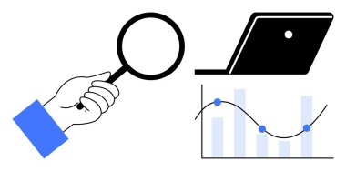 El ele tutuşan büyüteç, dizüstü bilgisayar, çizgileri ve noktaları olan grafikler. Veri analizi, araştırma, çevrimiçi soruşturma, iş stratejisi, piyasa trendleri teknoloji eğitimi için ideal. Basitçe