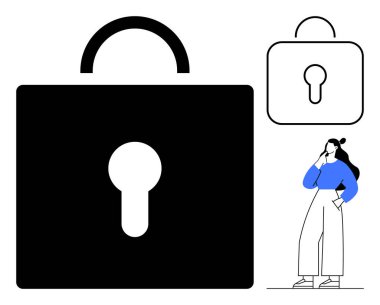 Aynı kilidin daha küçük bir dış hatının yanında büyük siyah kilit ve düşünen bir kadın. Güvenlik, koruma, gizlilik, düşünme, karar verme, siber güvenlik, modern yaşam konuları için idealdir. Basit.