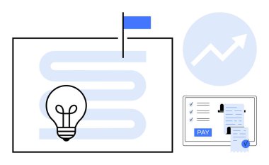 Başarıya giden yolu temsil eden ampul, ödeme opsiyonlu dijital ekran, yukarı doğru ok büyüyen grafiği. Yenilik, finans, başarı, dijital ödemeler, yaratıcılık için ideal
