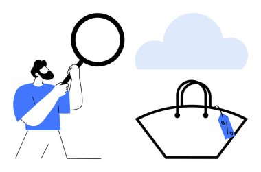 Bulutun altında büyüteç kullanarak fiyat etiketli bir çantayı inceleyen bir adam. Perakende analizi, çevrimiçi alışveriş, ürün incelemesi, tüketici koruması, detaylı teftiş, e-ticaret, bulut