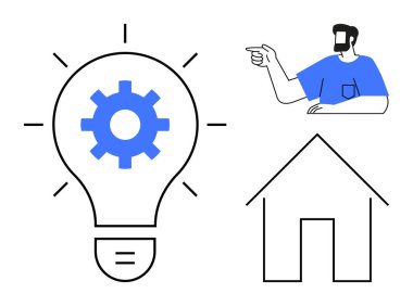 İçinde teçhizat olan bir ampul, işaret eden biri, ev çizgisi. Yenilik için ideal, yaratıcılık, takım çalışması, teknoloji, problem çözen ev fikirleri beyin fırtınası. Minimalist soyut çizgi düz metafor