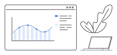 Web tarayıcı penceresinde veri noktaları ve istatistiklerle bir çizgi grafiği gösteriliyor. Bitişik elementler arasında bir dizüstü bilgisayar ve bir bitki yaprağı var. Analiz, veri görselleştirme, iş raporları ve teknoloji için ideal