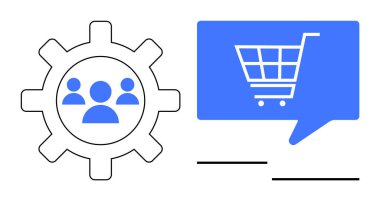 Alışveriş arabası mavi konuşma balonunda vites yanında sosyal etkileşimi temsil eden siluetler var. E-ticaret, müşteri hizmetleri, çevrimiçi alışveriş, iş çözümleri, sosyal hizmetler için ideal