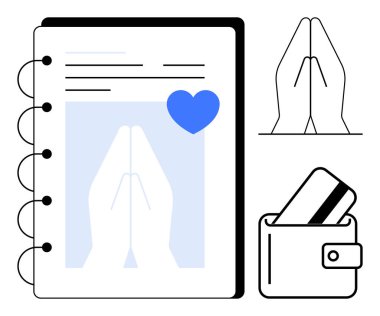 Dua eden ellerin resimli olduğu defter, mavi kalp, dua eden ellerin sağ tarafı ve iki kredi kartlı cüzdan. Maneviyat, finans, aşk, notlar, inanç, dua için ideal