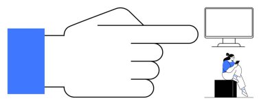 Büyük bir el sağ tarafı işaret ediyor, akıllı telefonlu bir kutunun üzerinde oturan kişi, bilgisayar monitörü. Navigasyon, yönlendirme, yön, odaklanma ve teknoloji kullanımı için ideal öncelik. Satır metaforu