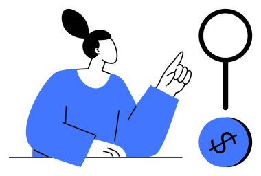 Parmağını kaldırıp büyüteç ve dolar işaretini işaret eden kişi. Finans, araştırma, analiz, keşif, iş, yatırım, araştırma için ideal. Temiz modern soyut çizgi düz metafor