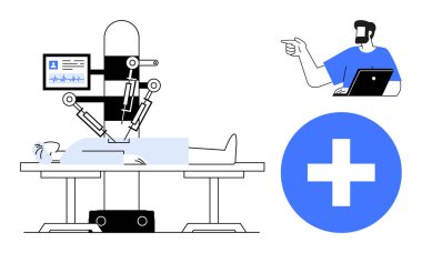 Ameliyat masasında yatan bir hastaya ameliyat yapan robot kollar, dizüstü bilgisayarı olan bir tıp uzmanı. Sağlık hizmetleri yeniliği, tıbbi teknoloji, cerrahi kesinlik, teletıp için ideal