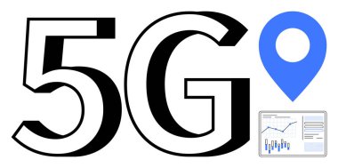 5G teknolojisi kavramı büyük 5G metin, mavi konum işaretleyici ve veri analiz çizelgeleri ile temsil edilir. Teknolojik gelişmeler, telekomünikasyon, veri analizi, iş planlaması, ağ için ideal