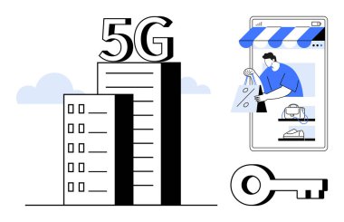 Buildings with 5G sign, person shopping from mobile store, key representing security. Ideal for online shopping, fast connectivity, secure transactions, mobile commerce, digital markets, 5G clipart