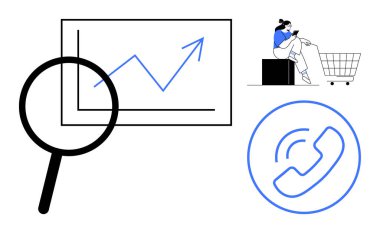 Yükselen trend çizelgesi üzerinde büyüteç, telefon kullanan alışveriş arabası olan kişi ve telefon çağrı sembolü. İş analizleri, e-ticaret, müşteri hizmetleri, büyüme projeksiyonu, veri