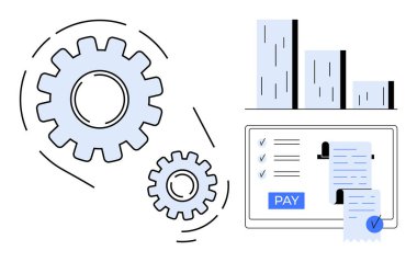 Otomasyonu sembolize eden dişliler, veri analizini temsil eden çubuk grafiği ve makbuzla dijital ödeme arayüzü. İş verimliliği, iş akışı otomasyonu, fintech, finansal analiz için ideal
