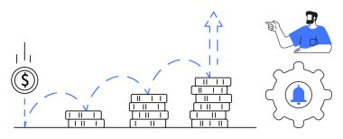 Bozuk paralar yukarı doğru sıçrar ve yukarı doğru istiflenir. Yükselen oklarla gösterilir. İş adamı, içinde bir zil olan ekipmanı işaret ediyor. Finans, yatırım büyümesi, başarı planlaması, strateji, bildirimler için ideal