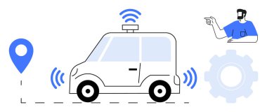 Kablosuz sinyalleri, GPS işaretleyicisi ve onu işaret eden bir kişi olan otonom bir araç. Ayarlar veya otomasyon için vites sembolü. Teknoloji, yapay zeka, navigasyon, GPS, gelecekteki taşınabilirlik için ideal
