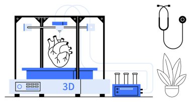3D yazıcı, laboratuvar aletleri ve bitkilerle bir kalp yaratıyor, yenilikçi tıbbi teknoloji ve biyobasım tasvir ediyor. Sağlık, yenilik, gelecekteki tıp, araştırma, teknoloji ve bilim için ideal