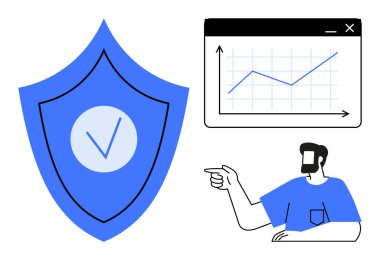 Yükselen grafiğe kalkan işaretli adam işaret ediyor. Veri güvenliği, iş büyümesi, analitik, koruma, iyileştirme, ilerleme, kullanıcı yönlendirmesi için ideal. Soyut çizgi düz metafor