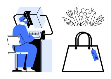 Makinede çalışan bir işçi, basit çiçek illüstrasyonu, indirimli etiketli bir alışveriş çantası. Endüstriyel otomasyon, perakende indirimler, çiçek sanatı, e-ticaret, doğa verimliliği için ideal. Soyut