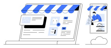 Laptop ekranında bir e-ticaret mağazası, çizgili tente, ürün resimleri ve alışveriş arabası simgeleri var. Elinde alışveriş çantası olan akıllı telefonu kullanan biri. E-ticaret için ideal, çevrimiçi alışveriş, dijital