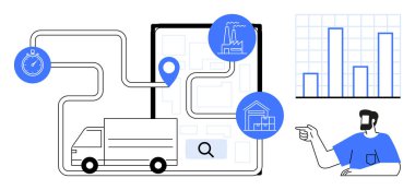 Kamyon harita rotaları, kronometre, konum pimi, depo, fabrika ikonları, arama büyüteçleri, veri haritaları, işaret eden kişi. Ticari lojistik tedarik zinciri teslimat takibi için ideal