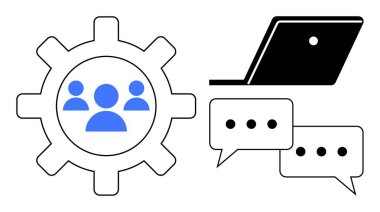 İnsan simgeleri, dizüstü bilgisayarlar, sohbet baloncukları içeren bir vites. Takım çalışması, dijital iletişim, teknoloji endüstrisi, uzaktan çalışma, iş akışı yönetim projesi işbirliği için ideal online toplantılar. Soyut çizgi