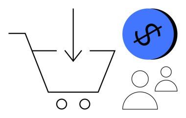Aşağı doğru ok atan bir alışveriş arabası, dolar işareti olan mavi bir daire, iki kullanıcı simgesi. E-ticaret, çevrimiçi alışveriş, perakende, müşteri yönetimi, finans, iş büyümesi ve dijital için ideal
