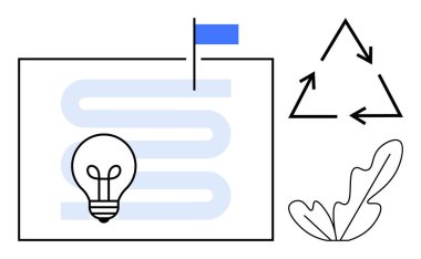 Kıvrımlı yolu olan yol haritası, bayrak, ampul, geri dönüşüm okları ve yaprak. Sürdürülebilirlik, yenilik, strateji, çevre dostu fikirler için ideal ilerleme döngüsel iyileşme ve yeşil uygulamalar