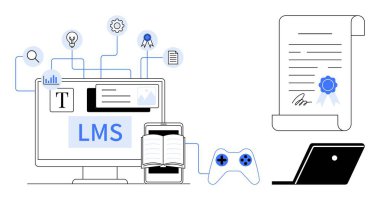 LMS gösteren bilgisayar, fikirler, ödüller ve belgeler için bağlantı çizgileri tablet, oyun denetleyicisi, imzalı sertifika, dizüstü bilgisayar üzerine açık kitap. Çevrimiçi eğitim e-öğrenimi için ideal