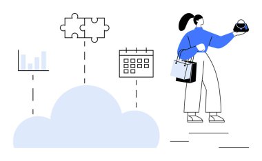 Akıllı telefon, veri tablosu sembolleri, bulmaca parçaları ve takvim buluttan iniyor. Bulut hesaplama, veri yönetimi, zamanlama, görev entegrasyonu ve teknoloji verimliliği için ideal