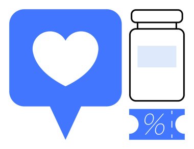 Bildirimde kalp, ilaç şişesi ve indirim kuponu sembolü. Sağlık, sağlık, sosyal medya, ilaç, sağlık hizmetlerinden tasarruf edilen eczane hasta bakımı için ideal. Soyut satır düzlüğü