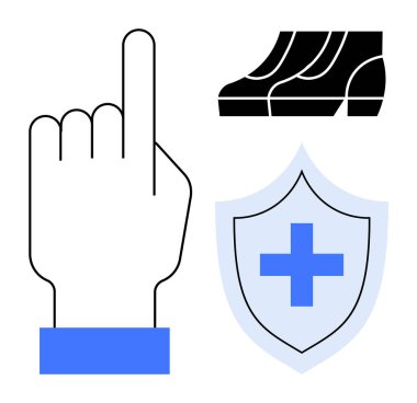 El, kalkanın yanına çapraz sembol ve merdiven ile işaret ediyor. Navigasyon, güvenlik, rehberlik, koruma, sağlık ve güvenlik için ideal. Soyut çizgi düz metafor