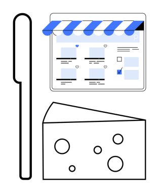 İnternette arayüzü, peyniri ve bıçağı olan bir tablet. E-ticaret, çevrimiçi alışveriş, dijital pazar, yemek dağıtımı, mutfak blogları, kullanıcı arayüzü tasarımı için ideal soyut çizgi