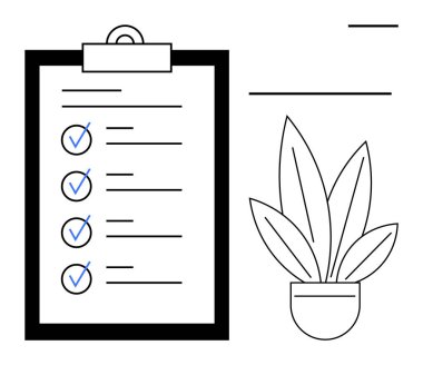 Yapılacaklar listesi olan bir pano ve basit bir saksı bitkisi eşliğinde işaretlenmiş ögeler. Üretkenlik, hedefler, organizasyon, planlama, görev yönetimi, iş-yaşam dengesi farkındalığı için idealdir. Soyut