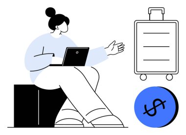 Dizüstü bilgisayarlı el kol hareketi, seyahat simgesi olan bavul, mali yönetimi gösteren dolar işareti olan kişi. Uzak çalışma, seyahat planlaması, mali yönetim, dijital göçebe yaşam tarzı için ideal