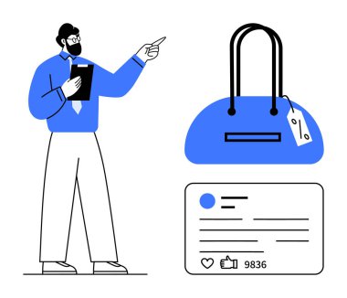 Elinde not panosu olan, üzerinde fiyat etiketi olan el çantasını gösteren bir adam. Aşağıdaki sosyal medya paylaşımında başparmak ve yorumlar var. E-ticaret, sosyal medya, pazarlama, perakende satış, promosyonlar için ideal