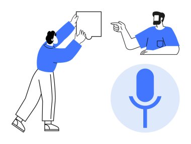 Başka bir kişiye ve mavi mikrofon ikonuna doğru bir konuşma balonu tutan kişi. Takım işbirliği, konuşma, iletişim, etkileşim, teknoloji, bağlantı ve yaratıcılık için ideal