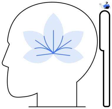 Merkezinde ince bir çiçek tasarımı bulunan insan kafası silueti farkındalığı ve akıl sağlığını sembolize ediyor. Zihinsel sağIık, meditasyon, sakinlik, öz farkındalık, büyüme, içsellik için ideal.