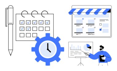 Kalem, takvim işaretleri, saat, tentenin altındaki web sayfası, sunum sırasında çizelgeleri gösteren adam. Üretkenlik, programlama, planlama, iş verimliliği yönetim organizasyonu için ideal