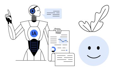 Yapay zeka robotu elinde kağıt tutarken ve konuşma baloncuğuyla etkileşime girerken, mutlu yüz ve yaprak eşliğinde. Yapay zeka, teknoloji, yenilik, iletişim, veri analizi, fütüristik kavramlar, dijital