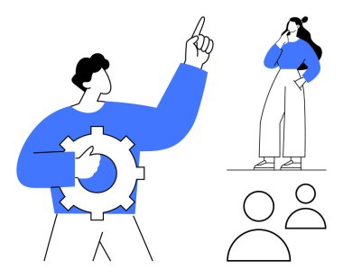 Vitesi tutan kişi, işaret ederek problem çözmeyi ve yeniliği sembolize eder. Çenesi çenesinde eli olan kadın tefekküre işaret eder. İki ana hatları takım çalışması olduğunu gösteriyor. İşbirliği için ideal